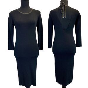 DYNAMITE black knit long sleeve metallic neckline bodycon dress Sz M